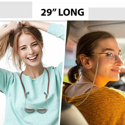 Two people wearing a 3-Pack Glasses Strap Set, Gold Terylene Eyewear Lanyard with Alligator Clips, 29 inches long