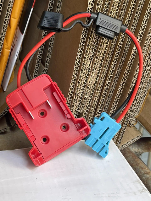 Red and blue Ride On Toy Battery Converter Adapter For 18V M18 Style Batteries, Peg Perego Compatible, with 12AWG Wire Harness