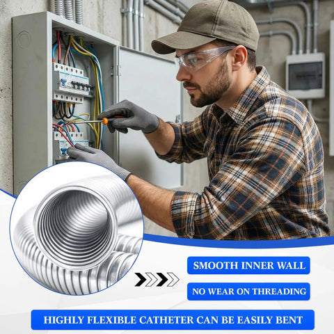 Electrician working with 1.25 Inch By 50 Foot Galvanized Steel Flexible Conduit For Outdoor Electrical Wiring near control panel