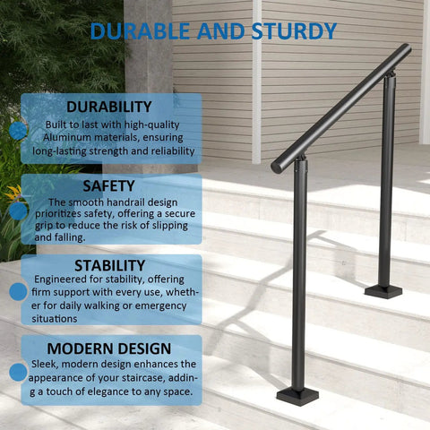 Hella Sturdy Aluminum Round Stair Handrail Kit For Indoor Outdoor Steps And Porch Deck With Rock Solid 800 Pound Load Capacity Built Tough Textured Black Railing installed on steps