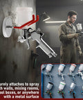 Heavy Duty Magnetic Paint Spray Gun Holder Rack Two Piece Wall Mount Storage System displaying a spray gun mounted securely on a wall.