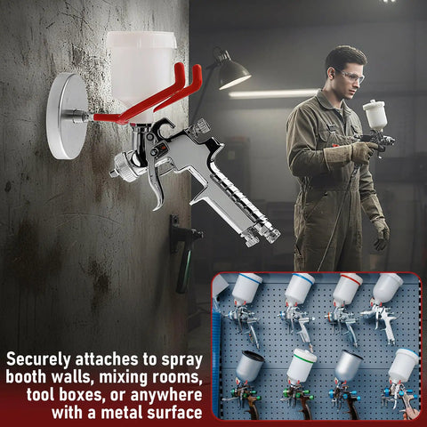 Heavy Duty Magnetic Paint Spray Gun Holder Rack Two Piece Wall Mount Storage System displaying a spray gun mounted securely on a wall.