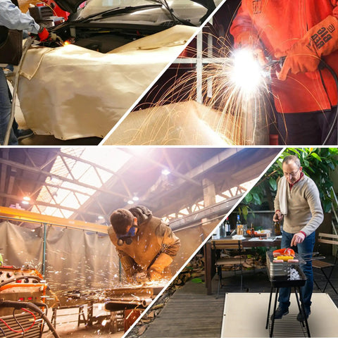 People using Beefy Heavy Duty Welding Blanket 6x8 Ft Fiberglass Curtain for welding and insulation in industrial and home settings.
