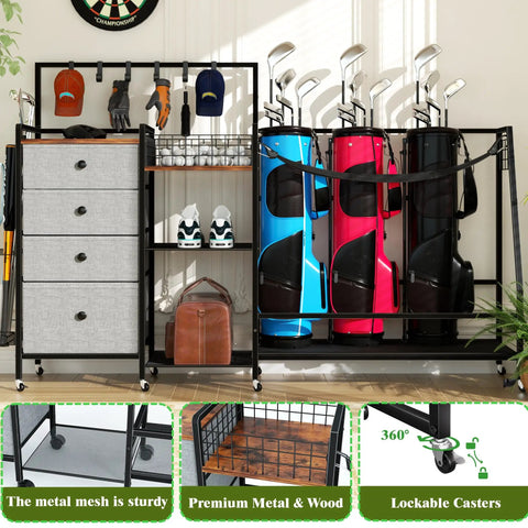 Heavy Duty Golf Bag Storage Rack For Garage Fits 3 Full Size Bags With 4 Drawers, Side Basket And Lockable Casters