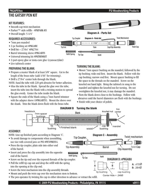 Gold And Gunmetal Gatsby Twist Woodturning Pen Kit Includes 3 Top Shelf Ballpoint Hardware Sets Designed For Lathes, assembly instructions.
