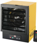 Heavy Duty Electric Forced Air Garage Heater With Remote Control 17060 Btu, yellow and black design with digital controls and remote.