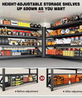 Beefy 5000 Lb Garage Shelving Unit, Extra Wide 71 Inch W by 24 Inch D Steel Shelves, loaded with tools and equipment