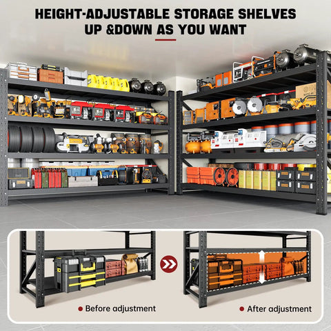 Beefy 5000 Lb Garage Shelving Unit, Extra Wide 71 Inch W by 24 Inch D Steel Shelves, loaded with tools and equipment