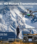 Pro Grade 4K Camera GPS Drone With Auto Return flying over snowy mountains, remote control and person in foreground