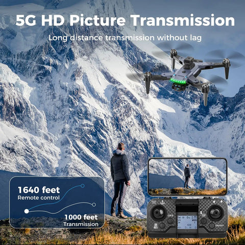 Pro Grade 4K Camera GPS Drone With Auto Return flying over snowy mountains, remote control and person in foreground