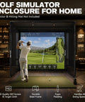 Golfer using All In One 10x8ft Golf Simulator Enclosure With Hitting Net HD Impact Screen Target Cloth Foam Padding for practice.