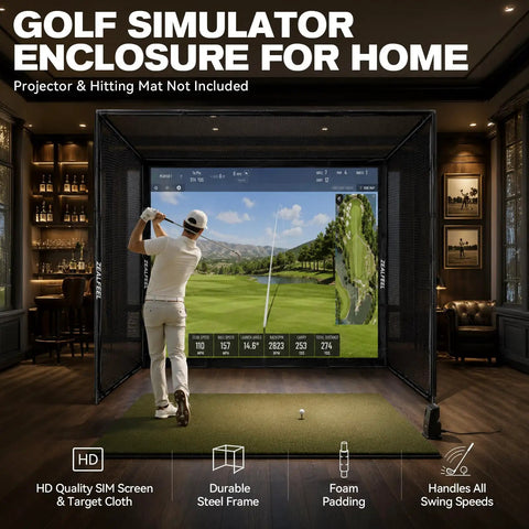 Golfer using All In One 10x8ft Golf Simulator Enclosure With Hitting Net HD Impact Screen Target Cloth Foam Padding for practice.