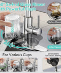 KAIYING Waterfall Kitchen Faucet with Pull Down Sprayer & Glass Rinser showing 260° swivel for cleaning various cups.