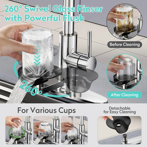 KAIYING Waterfall Kitchen Faucet with Pull Down Sprayer & Glass Rinser showing 260° swivel for cleaning various cups.