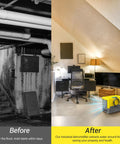Before and after image showing a basement before flooding and after using Heavy Duty 190 Pints Industrial Grade Dehumidifier For Basements And 6000 Sq Ft Spaces With Pump And Drain Hose Auto Defrost Memory Start Ideal For Water Damage Restoration And Crawl Spaces.