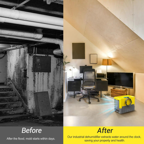 Before and after image showing a basement before flooding and after using Heavy Duty 190 Pints Industrial Grade Dehumidifier For Basements And 6000 Sq Ft Spaces With Pump And Drain Hose Auto Defrost Memory Start Ideal For Water Damage Restoration And Crawl Spaces.