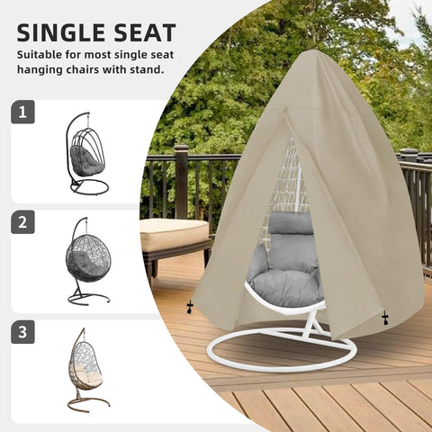 Patio Hanging Egg Chair Cover With Zipper UV Resistant Waterproof Outdoor Shield for single seat chair in camel color on patio