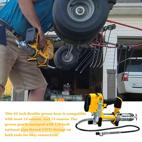 Person using Grease Gun Hose Kit For 20V Max Cordless Grease Gun with 42 Inch Flexible Hose, 1/8 Inch Bore, in automotive setting.