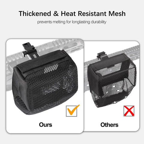 Heat Resistant Brass Shell Catcher with Quick Release Zipper and Picatinny Rail Mount on rifle, comparing mesh quality.