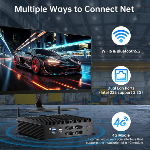 Beat The Heat Industrial Fanless Mini Pc With Intel Core I3 8130U Chips shows connectivity options including WiFi6 and dual LAN ports.