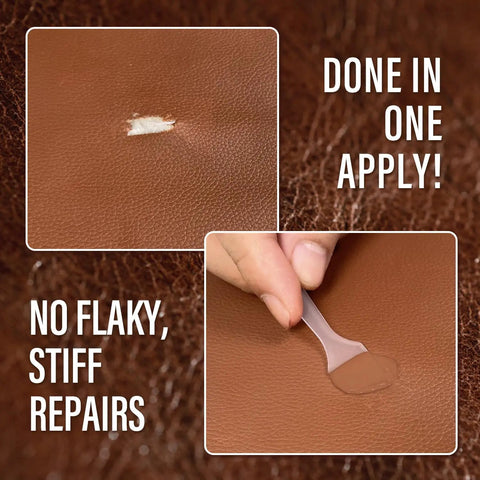 Slick Legit Leather And Vinyl Repair Kit For Couch Furniture Sofa Chair And Seats Featuring Realistic Brown Shade mixing repair on leather.