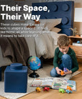 Child playing in bedroom with Contemporary Builders Stackable Storage Cubes Set For Kids, blue cubes with toys and books