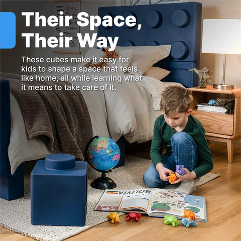 Child playing in bedroom with Contemporary Builders Stackable Storage Cubes Set For Kids, blue cubes with toys and books