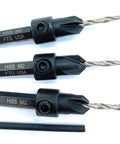 Pro Grade Carbon Steel Countersink Drill Bit Set For Precision Woodworking Includes Three 45 Degree Tapered 7/64 Inch Bits Plus One Allen Key, showing HSS M2 bits.