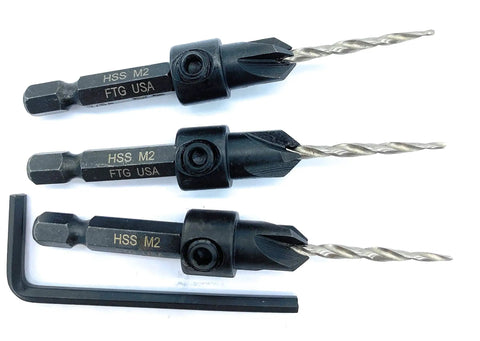 Pro Grade Carbon Steel Countersink Drill Bit Set For Precision Woodworking Includes Three 45 Degree Tapered 7/64 Inch Bits Plus One Allen Key, showing HSS M2 bits.