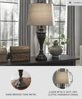 Bronze Traditional Table Lamp With Fabric Hardback Shade And Pedestal Base, Metal Construction, 3 Way Switch, UL Listed