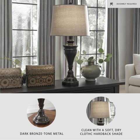 Bronze Traditional Table Lamp With Fabric Hardback Shade And Pedestal Base, Metal Construction, 3 Way Switch, UL Listed