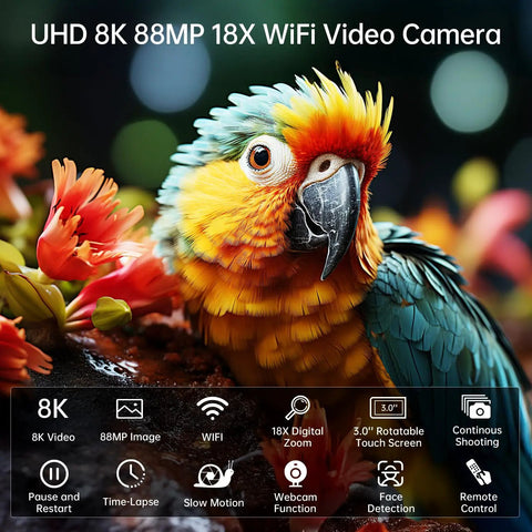 8K Ultra HD Video Camera Camcorder For YouTube Vloggers With 88MP Stills, WiFi displayed with vibrant parrot and features