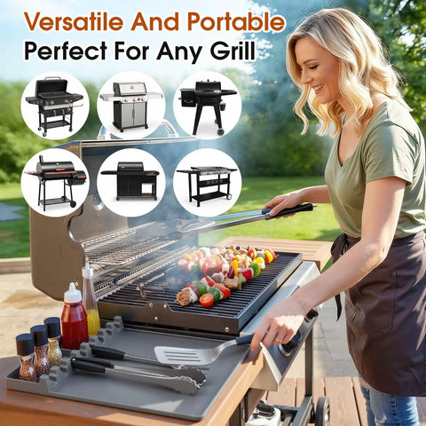 Woman grilling with barbecue using Silicone Grill Mats For Griddle Spatula Tool Mat With Drip Pad Side Shelf Pad Easy Clean BBQ Mats
