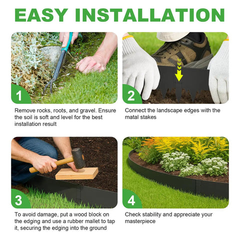 Installation steps of Heavy Duty Metal Landscape Edging Kit 33 Ft Total With 40 In By 6.5 In Steel Border 10 Stakes Pro Grade Rustproof And Weather Resistant Hammer In Edging For Lawn Garden Flower Beds Tree Rings