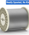 Spool of 1/8 Inch Stainless Steel Cable 200 Feet T316 Aircraft Wire Rope for Deck Railing and Handrail, neatly spooled.