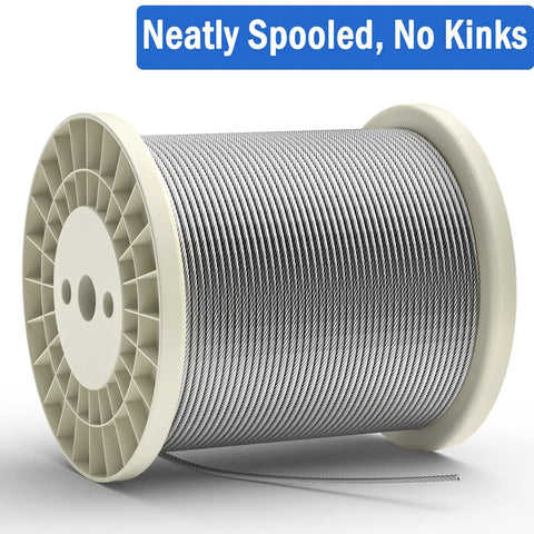 Spool of 1/8 Inch Stainless Steel Cable 200 Feet T316 Aircraft Wire Rope for Deck Railing and Handrail, neatly spooled.