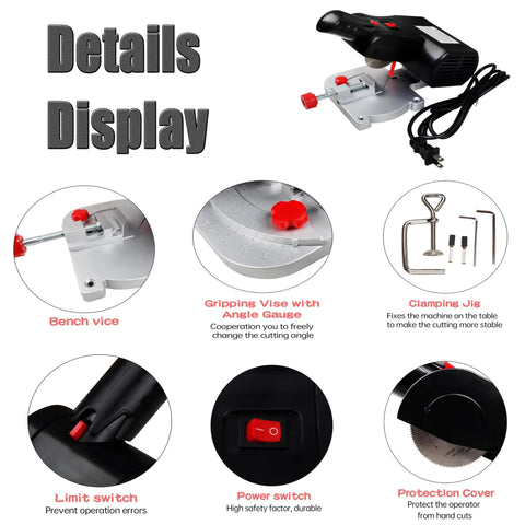 Details of 110V Mini Cut Off Chop Saw For Wood And Plastics with 12mm cutting depth, showing components like power switch and vise.