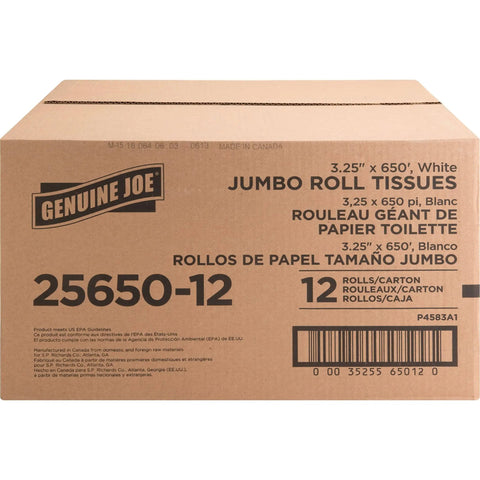 Box of Jumbo 2 Ply Bath Tissue For Commercial Dispensers, Unscented White Toilet Paper Roll 3.3 Inch By 650 Foot, 12 Count