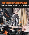 DOVAMAN 10-inch sliding miter saw, front view with orange clamps on a black base
