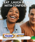 Smiling couple with Extra Care Denture Adhesive Cream With Strong All Day Hold Food Seal And Comfort Clinically Proven Flavor Free Zinc Free 2.2 Oz Pack Of 4 Four Tubes Included displayed