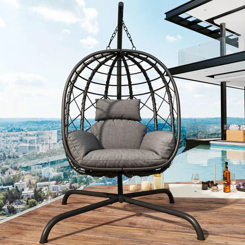 Cozy Hanging Egg Chair With Stand For Indoor Outdoor Use Wicker Rattan Swing Hammock With Thick Cushion 400 Lb Capacity on deck