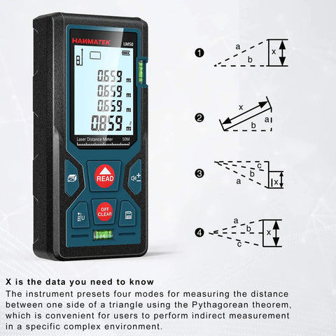 Pro Grade Laser Distance Measurer with 196 Feet 50 Meters Range, Auto Calibration and 2 Bubble Levels, Large Backlit LCD, Switchable Units Feet Inches Meters, Ideal for Builders and DIY Enthusiasts, front view with indirect measurement diagrams