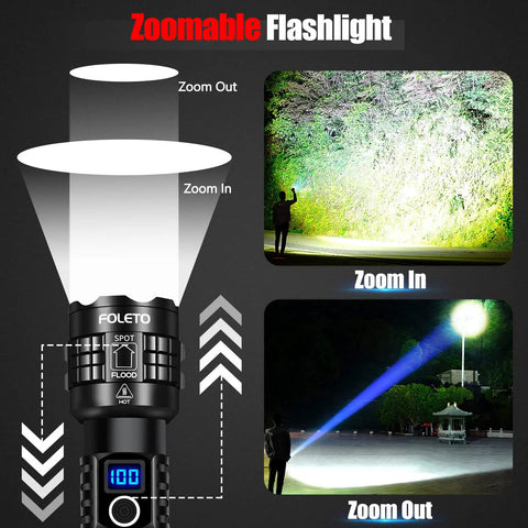 Ridiculously Bright 100000 Lumen Rechargeable Tactical Flashlight With XHP70.2 LED demonstrating zoomable beam feature