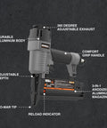 3 In 1 Pneumatic Nail Gun That Rocks A 16 GA Finish Nailer 18 GA Brad Nailer And Stapler with adjustable exhaust and grip handle
