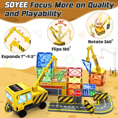 Magnetic Tiles Construction Set With Two Cranes STEM Building Blocks on a rail yard theme with colorful tiles
