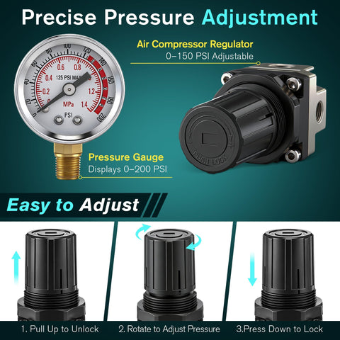 Air Regulator With 0 To 200 Psi Gauge And Four Port Adjustable Regulator, Fits Craftsman DeWalt DeVilbiss Air Compressors