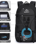 Expandable Hiking Backpack 40L To 50L For Men And Women Flight Approved Carry On Ready Travel Daypack Lightweight Durable Design With Extra Large Capacity Comfortable Back Panel For Weekend Trips showing compartments for laptop, iPad, snacks, and small items.