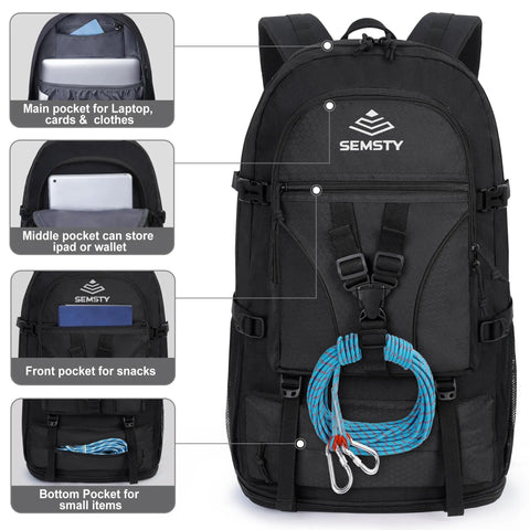 Expandable Hiking Backpack 40L To 50L For Men And Women Flight Approved Carry On Ready Travel Daypack Lightweight Durable Design With Extra Large Capacity Comfortable Back Panel For Weekend Trips showing compartments for laptop, iPad, snacks, and small items.