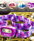 Hands-Free LED Headlamp for Adults and Kids, Ultra Lightweight Waterproof Headlight in purple, adjustable headband on grass