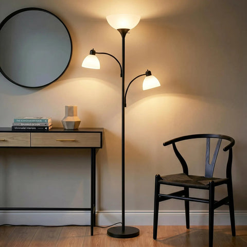 Sky Dome Double LED Floor Lamp With Two Reading Lamps, torchiere style, lit room-filling bright light, dimmable tall standing lamp